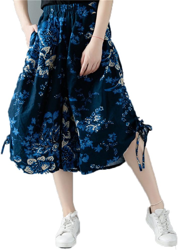 Dinier Girls 2018 Retro Floral Print Wide Leg Pants Casual Elastic Waist Cotton Linen Loose Low Crotch Culottes Trousers
