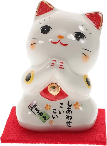 Amosfun Gato agitando de cerámica Maneki Neko Feng Shui Fortune Lucky Cat Figurine coleccionable Estatua china japonesa de gato de la suerte