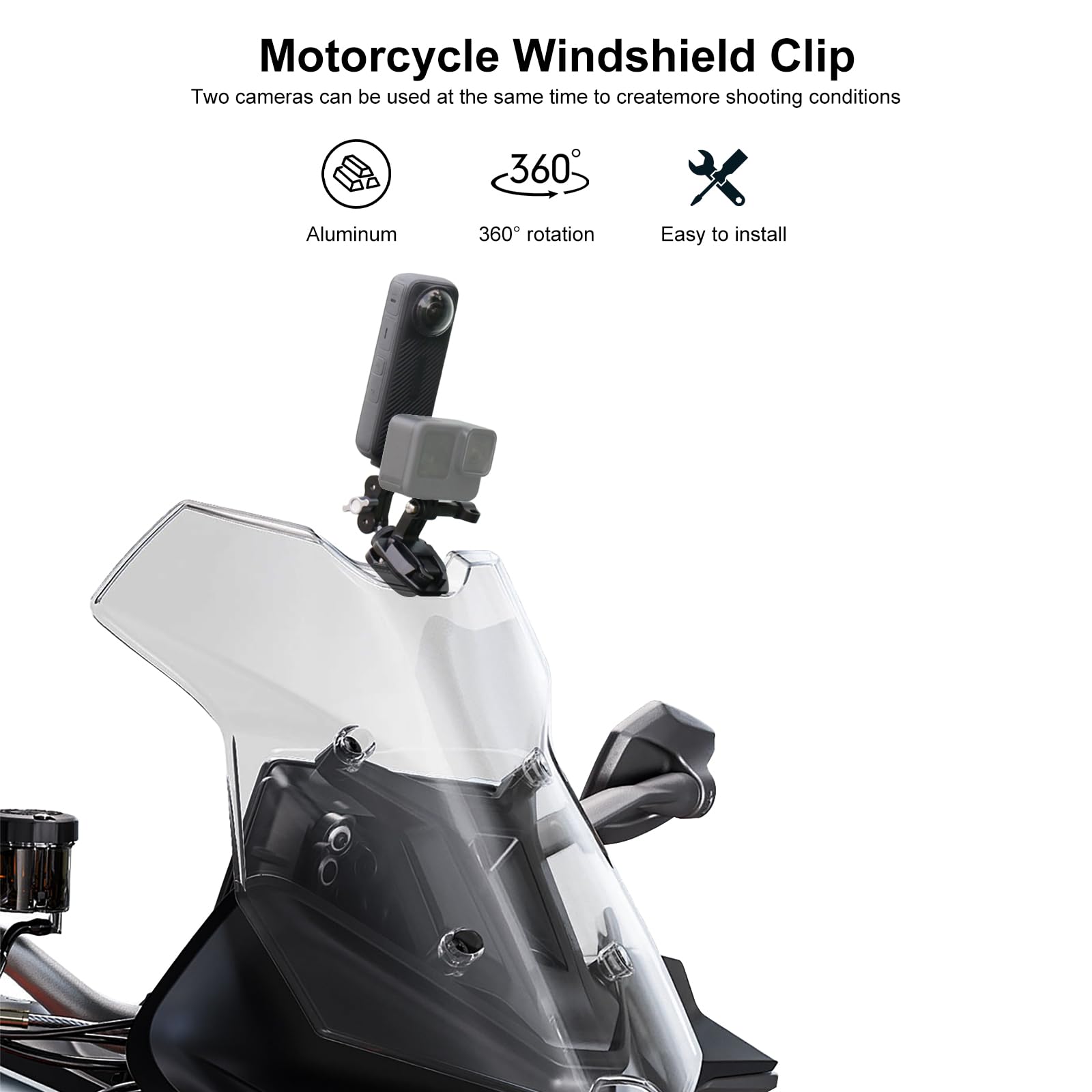 Supporto a clip per parabrezza moto a sgancio rapido con braccio magico universale per GoPro Hero 12 11 10 9 8 7, Insta360 X4 X3 X2 X ONE RS R, DJI Osmo Action, smartphone