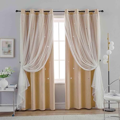 Anytime - Cortinas para dormitorio de niñas con estrella hueca, cortinas opacas para habitación de niños, cortinas largas para oscurecer la