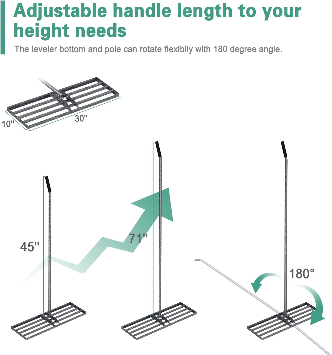 Lawn Leveling Rake with Anti-Rust Coating, Rakes for Lawns Heavy Duty Lawn Leveling Tool with Adjustable Handle, Effort-Saving Lawn Leveler for Yard Garden Farm Lawn Care (30"x10", 71IN)