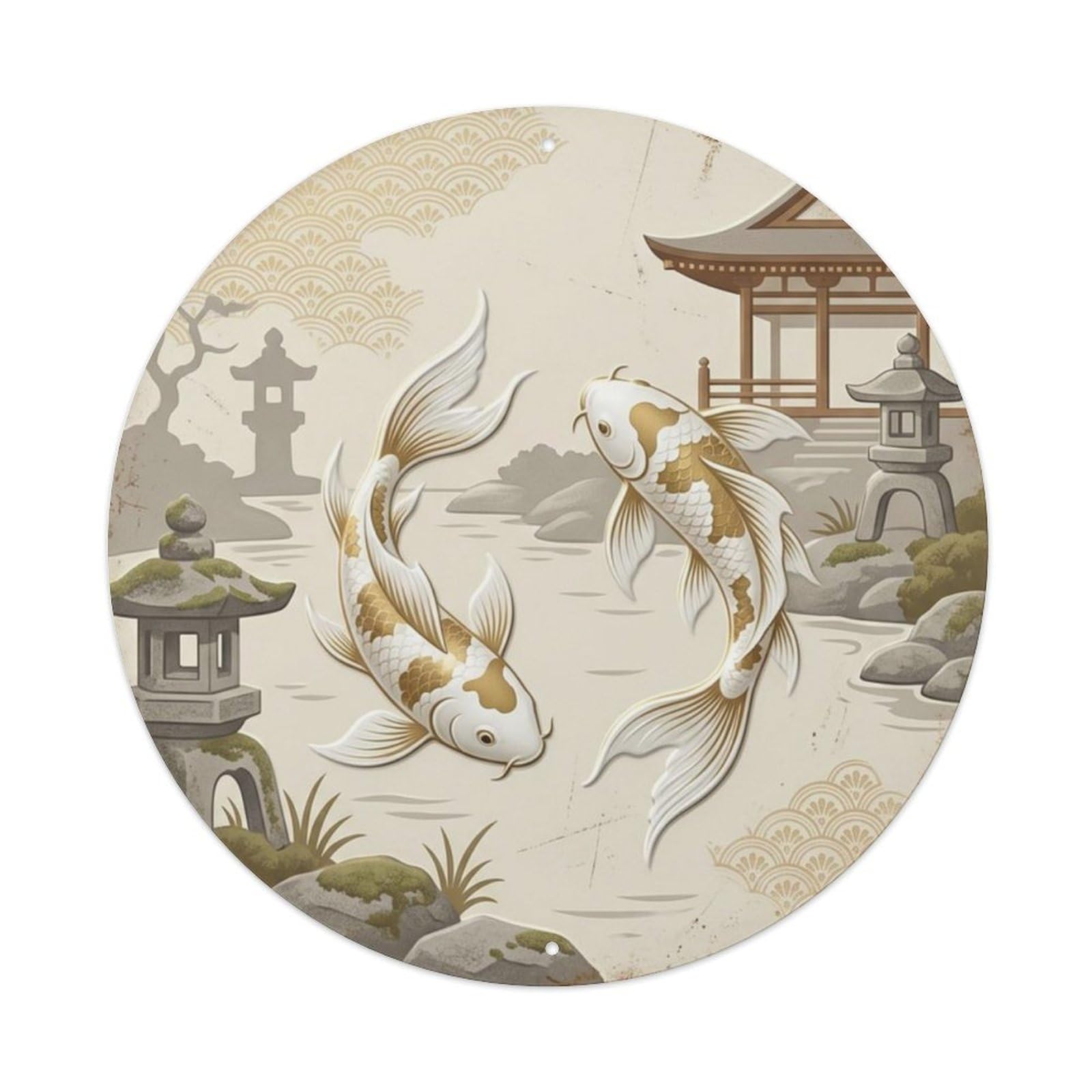 Fqcyn Style Koi Fish Ivory Temple Garden Livingroom Metal Tin Sign Plaque Wall Decor For Cafe, Club Bar, Office, Home Garden Round Metal Poster 8X8inch