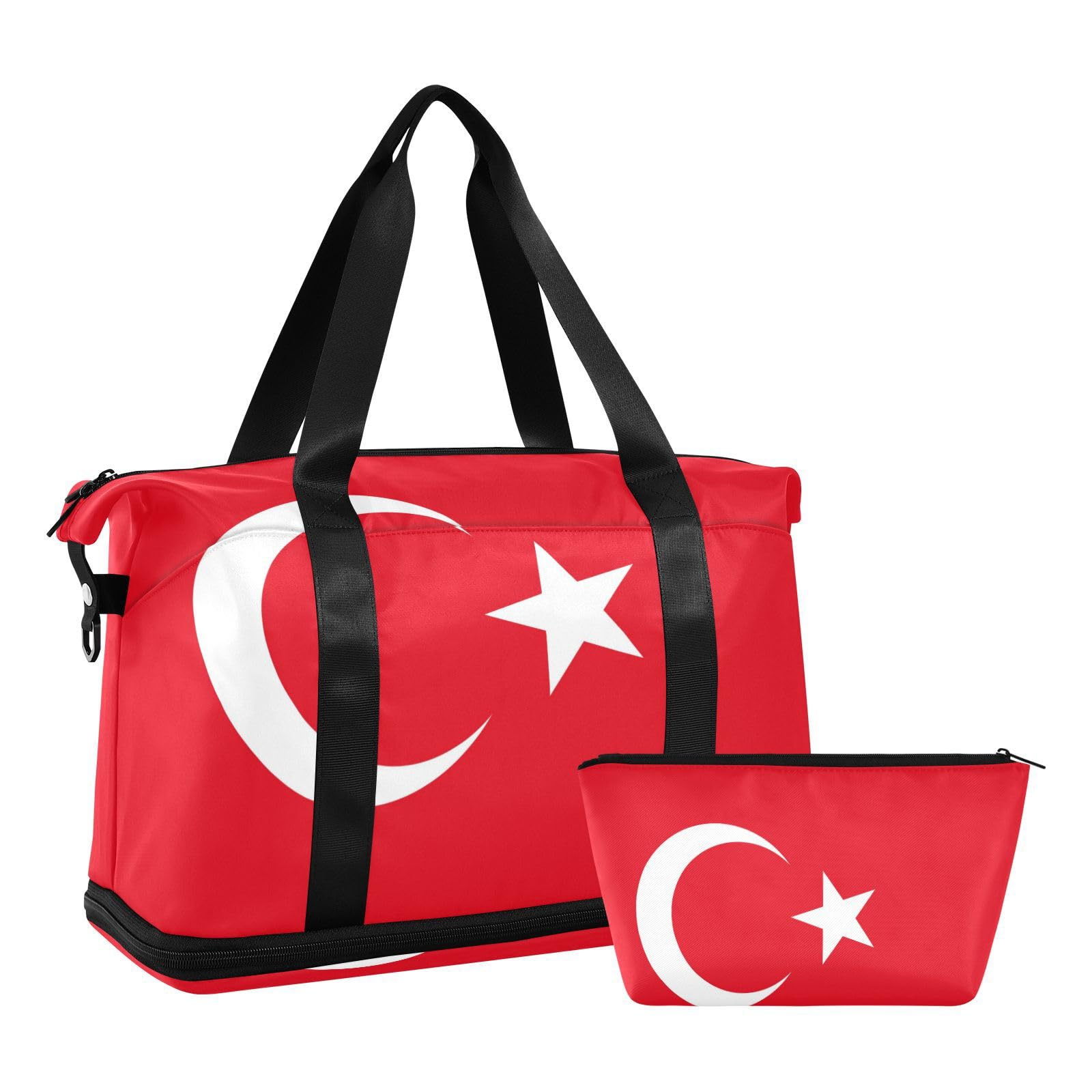 Bolsa de fin de semana con bandera de Turquía, color rojo turco, con bolsillo húmedo, correa ajustable, bolsa de gimnasio para senderismo, impermeable para hombres y mujeres