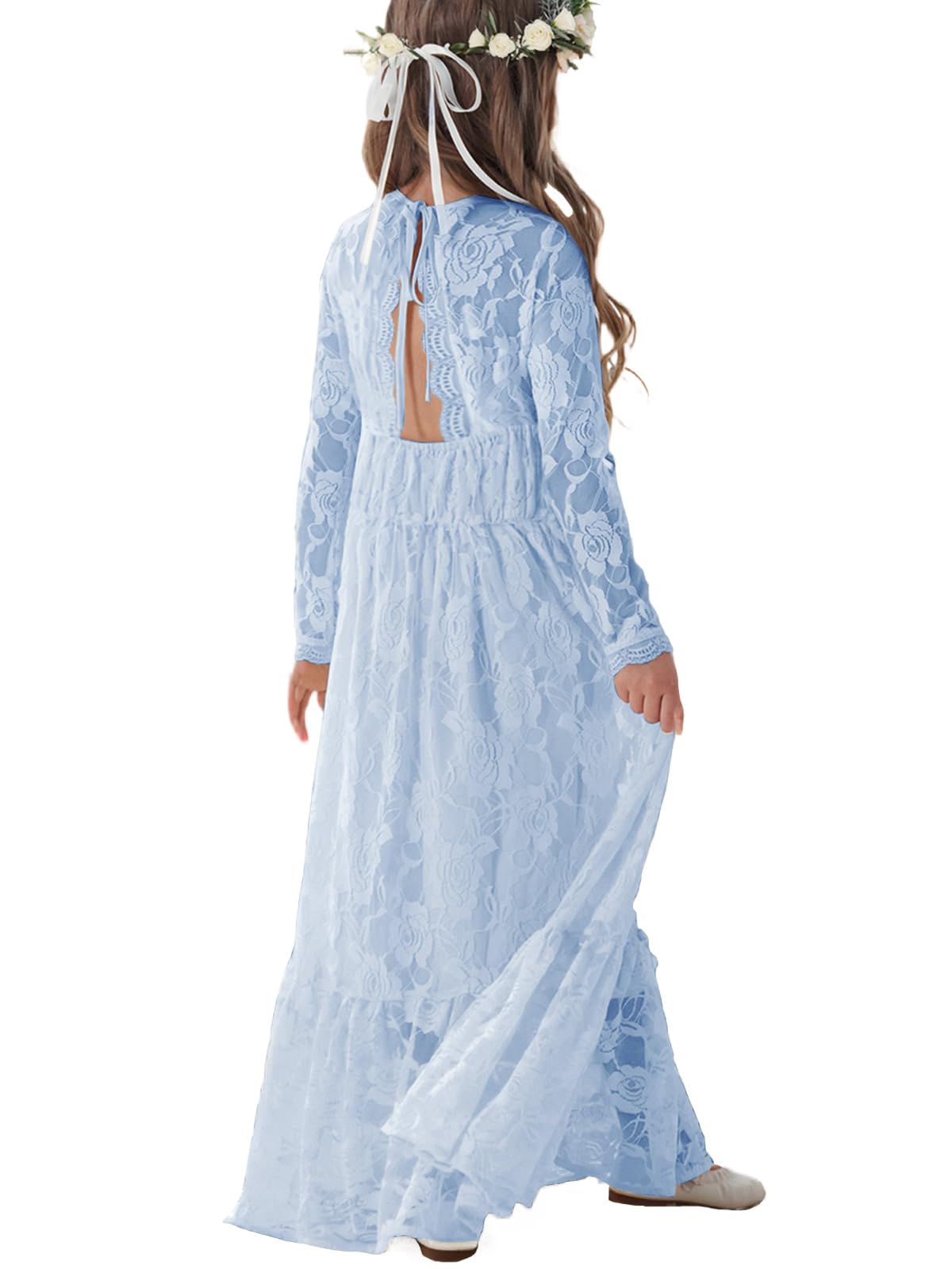 ALLOVIN Kleinkinder & Mädchen Oster Langarm Spitzen Blumenmädchen Kleid für Hochzeit Taufe Erstkommunion Maxi Boho A-Linie 3-12 Jahre