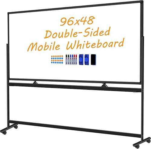 Miniatura 9 de Pizarra blanca rodante sobre ruedas de 72 x 48 pulgadas, pizarra de borrado en seco de doble cara con soporte, pizarra blanca grande con soporte,