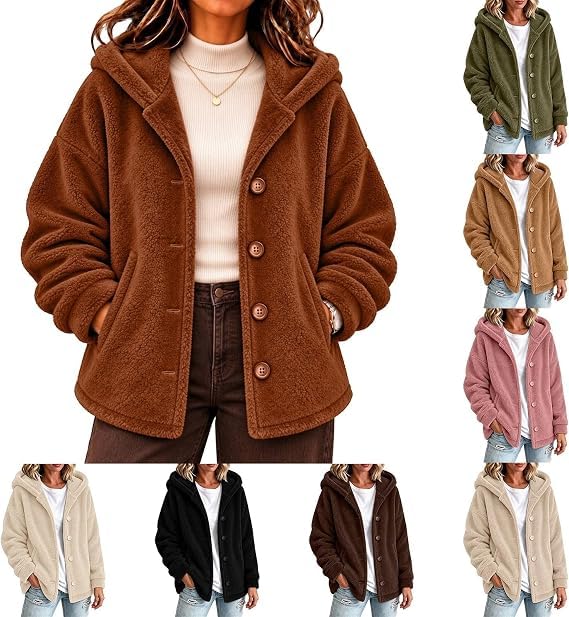 Sherpa Fleece Jacket Women Oversized Button Up Fuzzy Hooded Coats Pockets - image 1