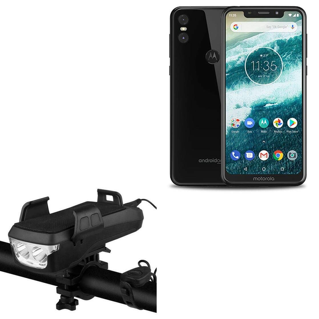 Stand and Mount for Motorola One (P30 Play) (Stand and Mount by BoxWave) - Solar Rejuva Bike Mount (4000mAh), Bike Mount with Solar Power Bank, Lights, and Horn for Motorola One (P30 Play) - Jet Black