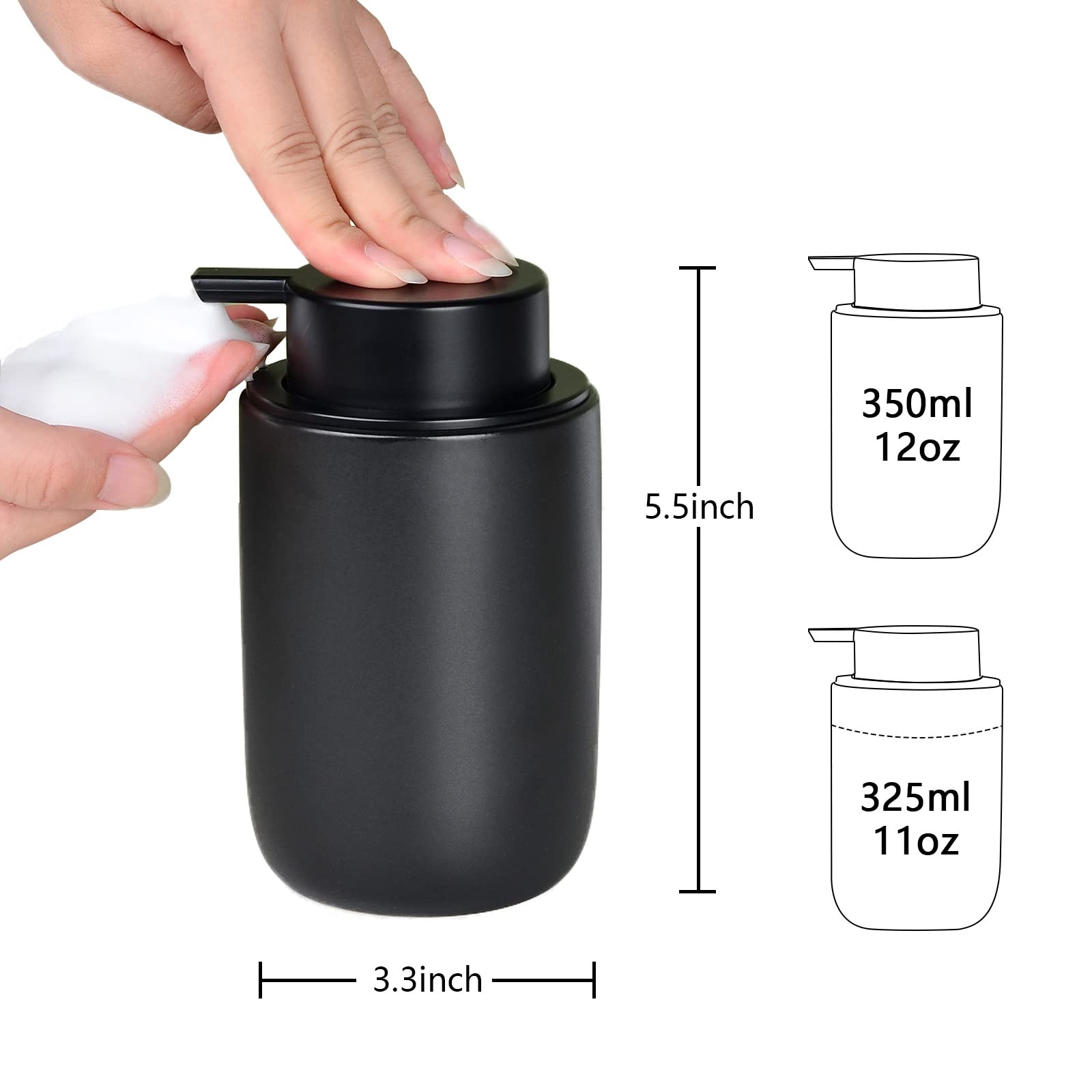 BosilunLife Hand Soap Dispenser for Bathroom Decro 12oz Ceramic Kitchen Dish Dispenser (Foam Pump, 2PCS Black) - Image 3