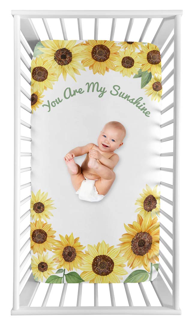 Sweet Jojo Designs Yellow, Green and White Sunflower Boho Floral Girl Baby or Toddler Nursery Fitted Crib Sheet - Farmhouse Watercolor Flower, You are My Sunshine