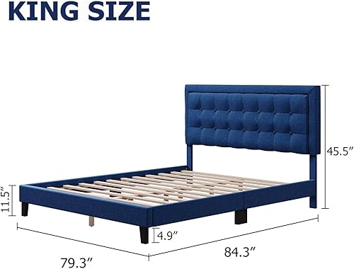 Miniatura 2 de Base de cama tapizada tamaño King con tela de lino y base de plataforma, listones de madera para un fuerte apoyo y un sueño cómodo en color azul