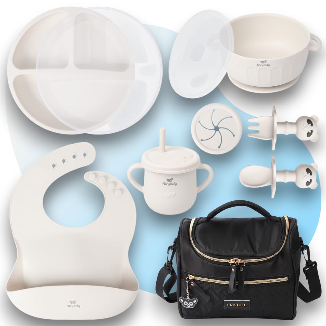 Set Repas Bébé Complet 8 Pièces en Silicone – Assiette Ventouse Compartimentée, Bol, Tasse d’Apprentissage, Couverts, Bavoir + Sac Isotherme – Kit voyage Sans BPA dès 6 Mois (Beige)