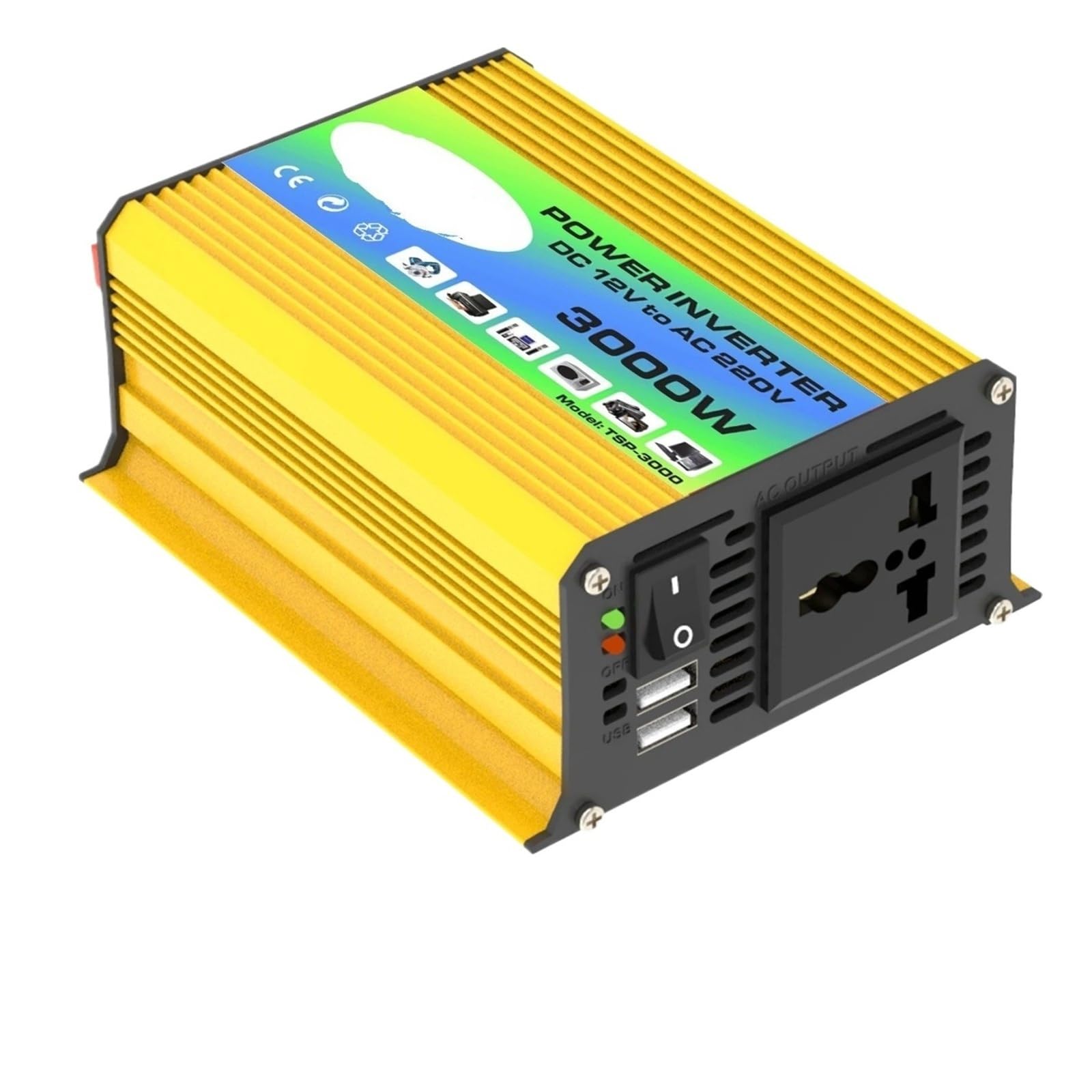 Power Inversor Corriente Inversor Corriente Máxima Coche 300W Clasificación 3000W 12V CC 220V CA Enchufe Europeo USB Dual Carga Rápida 42a Luz LED 8 Protecciones(Universal 12V 220V)