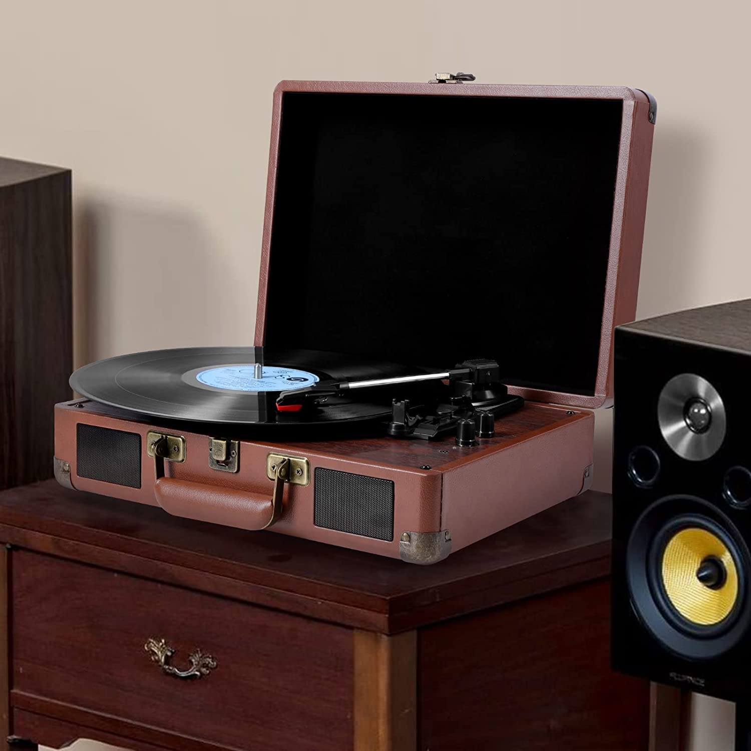 VOKSUN Platines vinyles, Tourne Disque Vinyle Bluetooth avec 33/45/78 RPM, 2 Haut Parleurs Intégrés, Enregistrement Vinyle vers Audio, RCA/Aux/USB/LP, Design Valise (Rouge Brun)