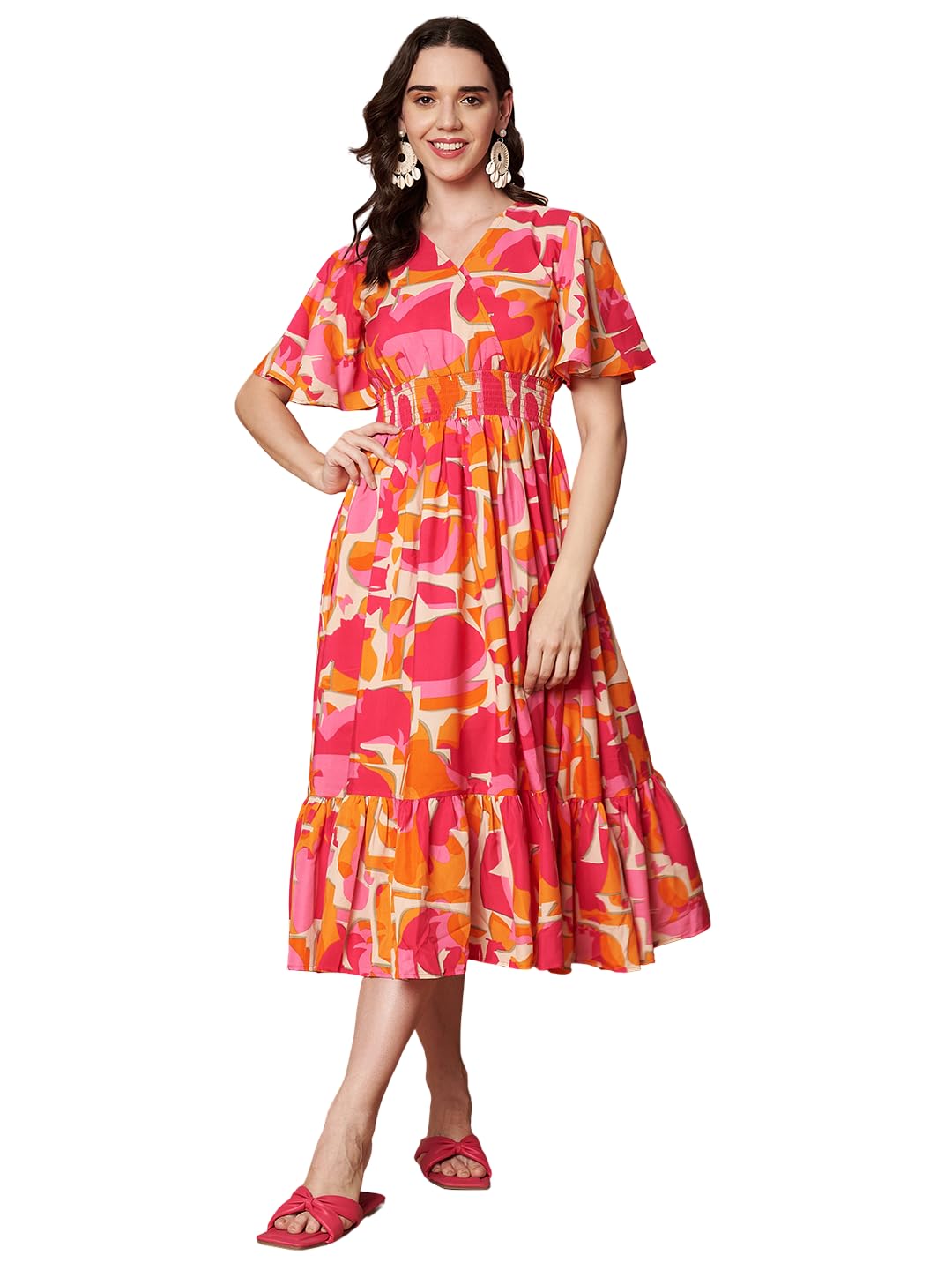 kzully | Dress for Women | Abstract Print Midi | V-Neck | Short Flounce Sleeves | Smocked Waist | Ruffled Hem | A-Line Fit & Flare | Casual Party Dress-picture-50