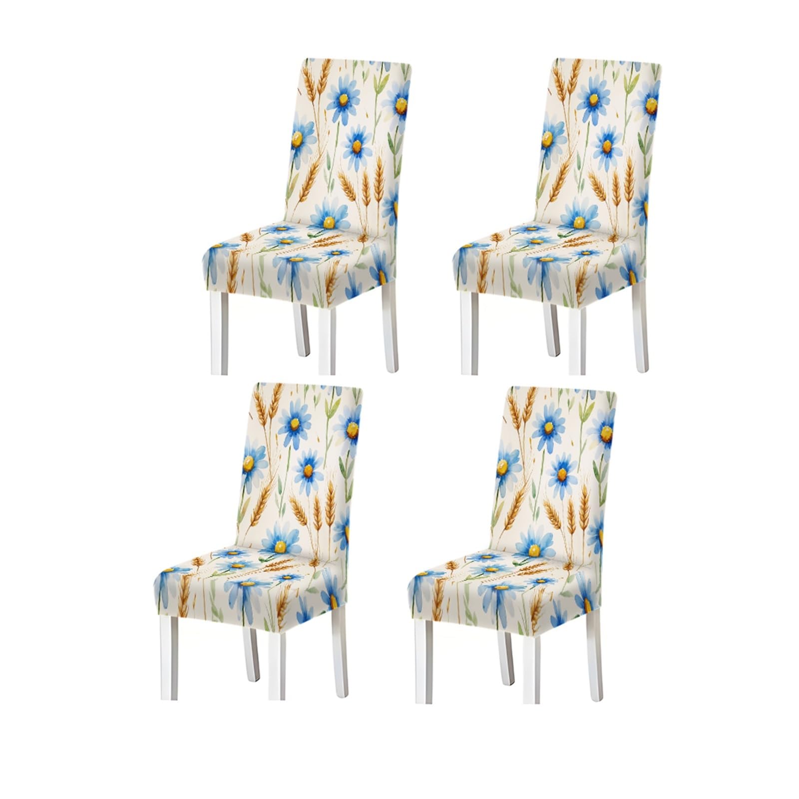 KXUAUV Watercolor Blue Daisy Wheat Floral Pattern Print Dining Chair Covers Set Of 2/4/6, Stretch Slipcovers For Kitchen Dining Room Seat Protectors for Restaurant Hotel Party(4PCSChair cover)
