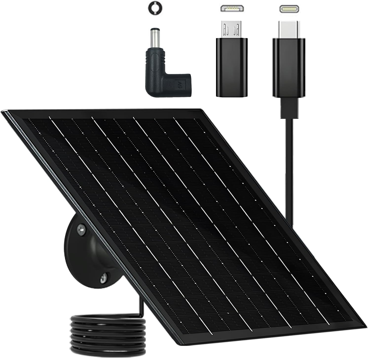 6W 5V Solar Panels for Security Cameras Type-C Micro USB C DC Port Solar Panel 5V Compatible with Recharged Battery Cameras Outdoor IP65 Waterproof 360° Adjustable Mount 9.8ft Cable 1 Black one black