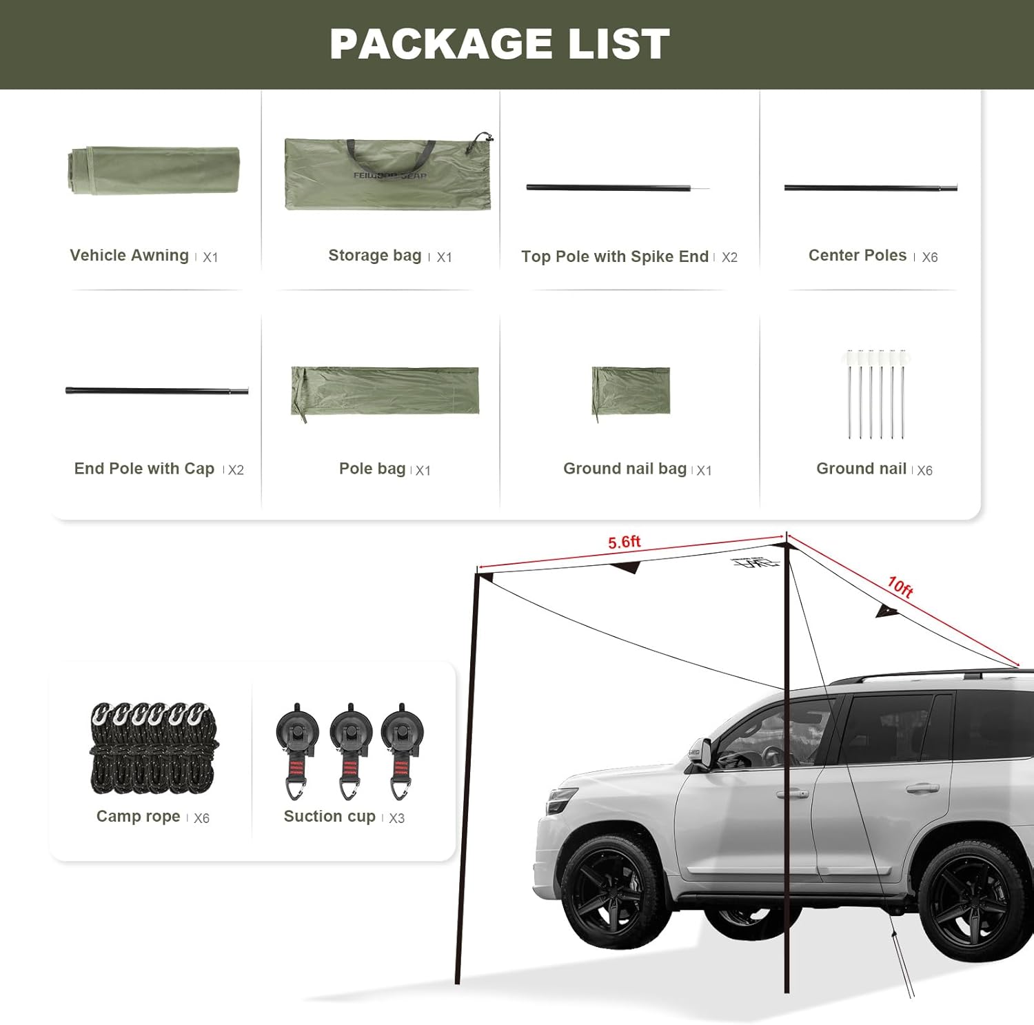 Portable Car Awning for SUV, Vehicle Awning for Camping Van Truck, Needn't Roof Rack Hardwares Waterproof UV50+ 10 x 5.6 ft