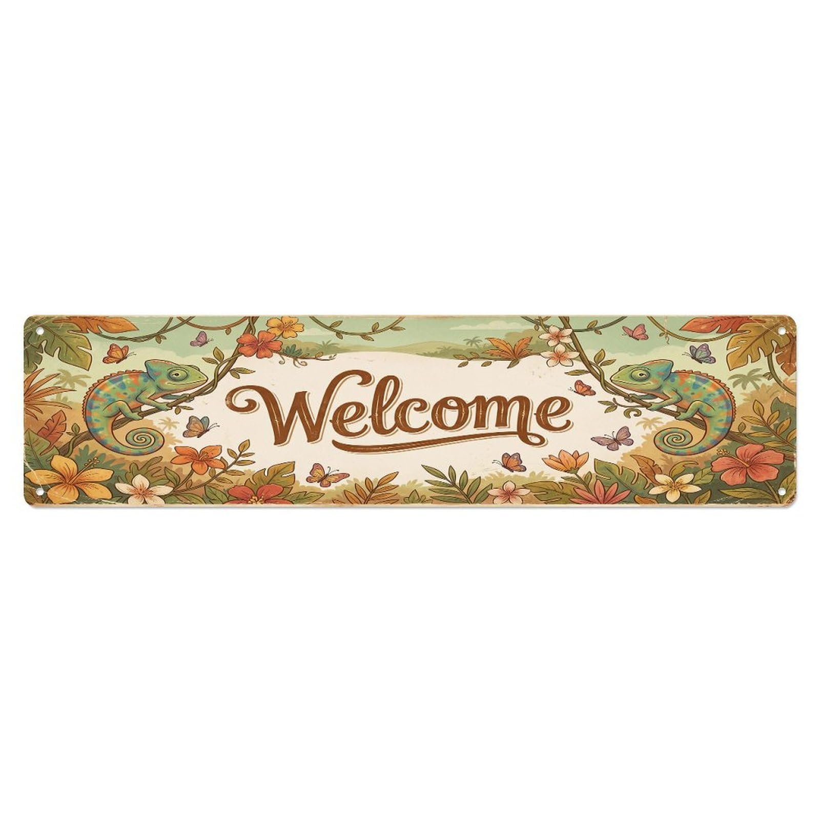 Cxhjca 4X16inch(10X40cm) Vintage Welcome Chameleon Vine Metal Tin Sign