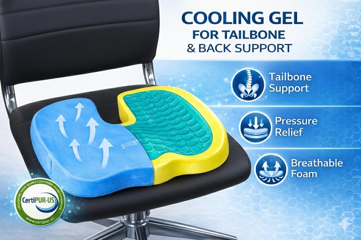 LuminaRest® Gel Seat Cushion for Long Sitting - Premium CertiPUR-US® Certified Memory Foam, Ergonomic Office Chair Cushion for Tailbone & Coccyx Pain Relief, Sciatica & Back Support – (Blue)