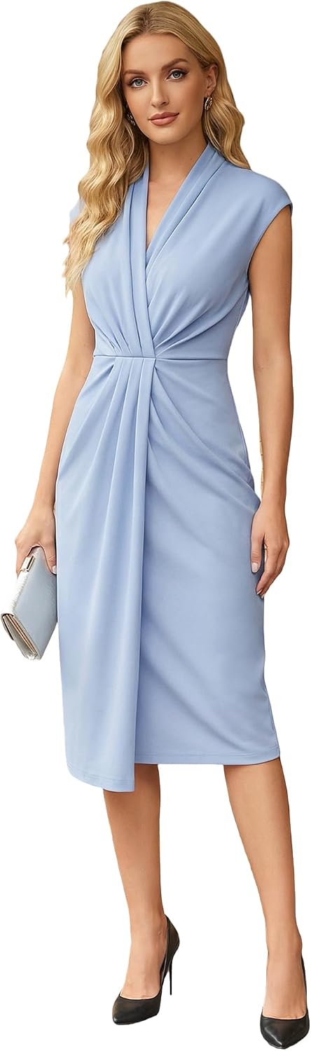 Ever-Pretty Women’s V Neck Midi Wedding Guest Dress Twist Front Short Sleeve Knit Birthday Semi Formal Cocktail Dresses 02684