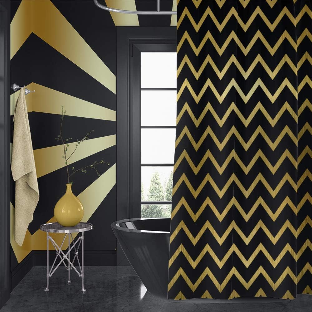 OERJU Geometric Shower Curtain Golden Simple Zigzag Pattern Black Background Waterproof Polyester Fabric Bathroom Decor Set with Hooks 72x72inch
