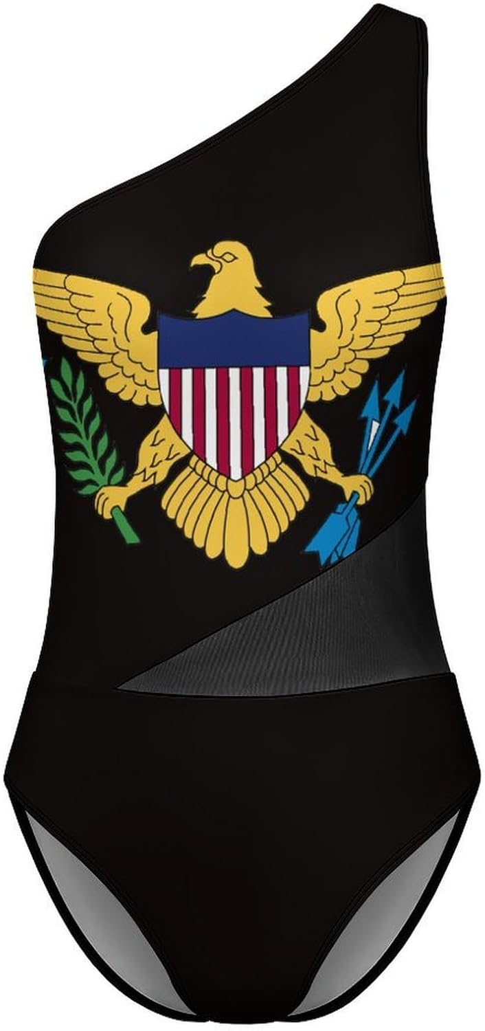 Zakqeik Women One Shoulder One-Piece Swimsuits American-Flag Cutout Mesh Sexy Bathing Suits Swimwear
