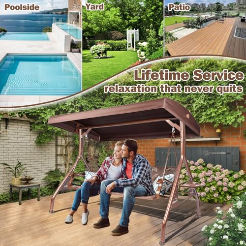 Image of ZZW 3 Person Patio Swing Outdoor Swing for Adults with Adjustable Canopy &Upgraded Cup Holders Textilene Fabric Porch Swing Chair with Stand Heavy Duty 800 LBS