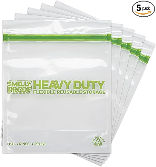 Smelly Proof HEAVY DUTY Reusable STAND-UP Ziplock Bags for Food Storage, USA Made, NO PEVA & BPA FREE, Reusable Freezer Bags, Dishwasher-Safe, Triple Zip, CLEAR 5-mils LRG Quart 8.5" x 10" - 5pk
