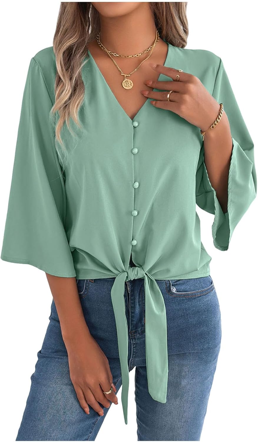 Womens Tie Front Top Button Down Shirt V Neck 3/4 Length Sleeve Tops Vacation Summer Business Casual Work Blouse