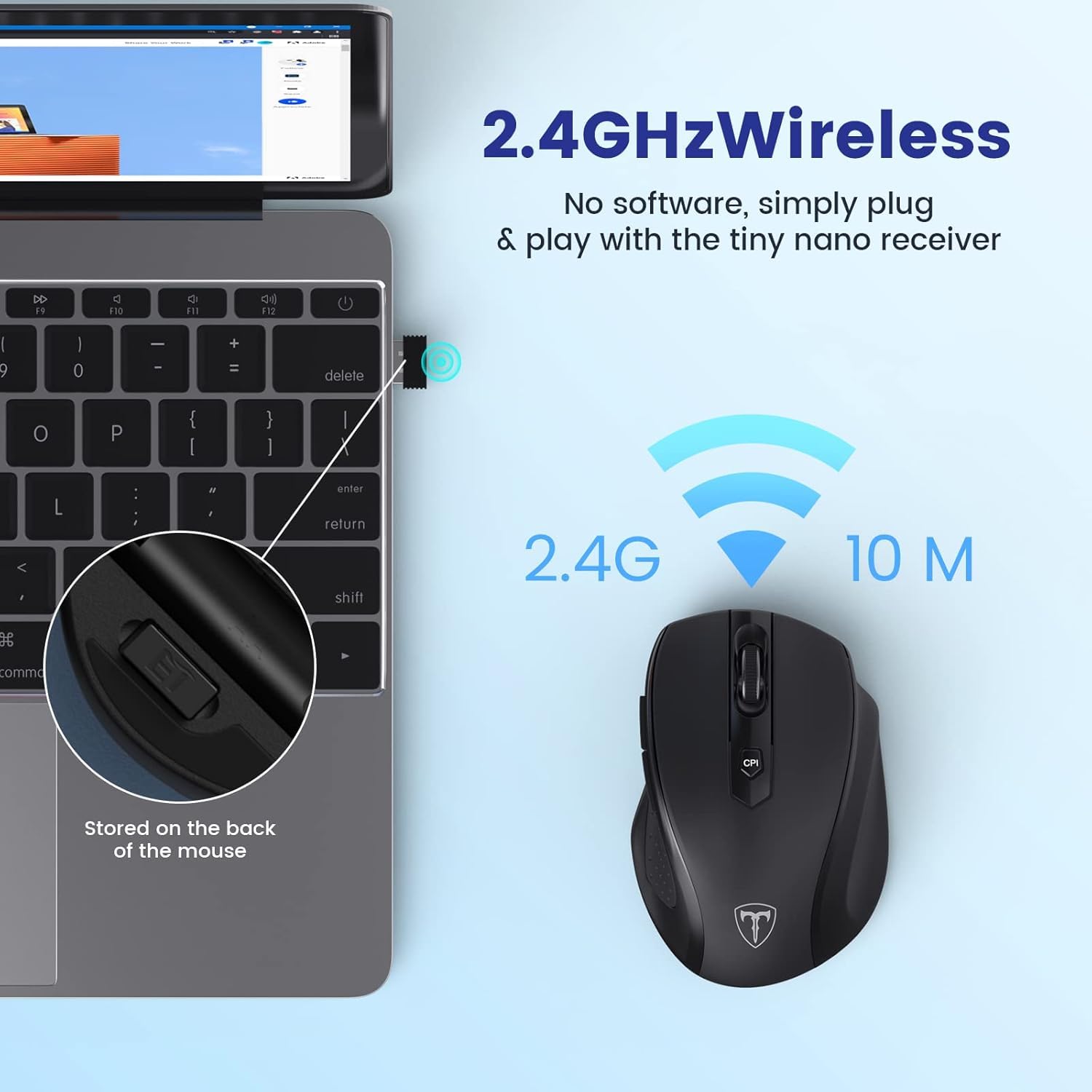 HOTWEEMS D-09 - Mouse wireless USB per computer portatile, impugnatura ergonomica, 5 livelli 2400 DPI, batteria 16 mesi, portatile, per PC, Mac, Chromebook (confezione da 2)