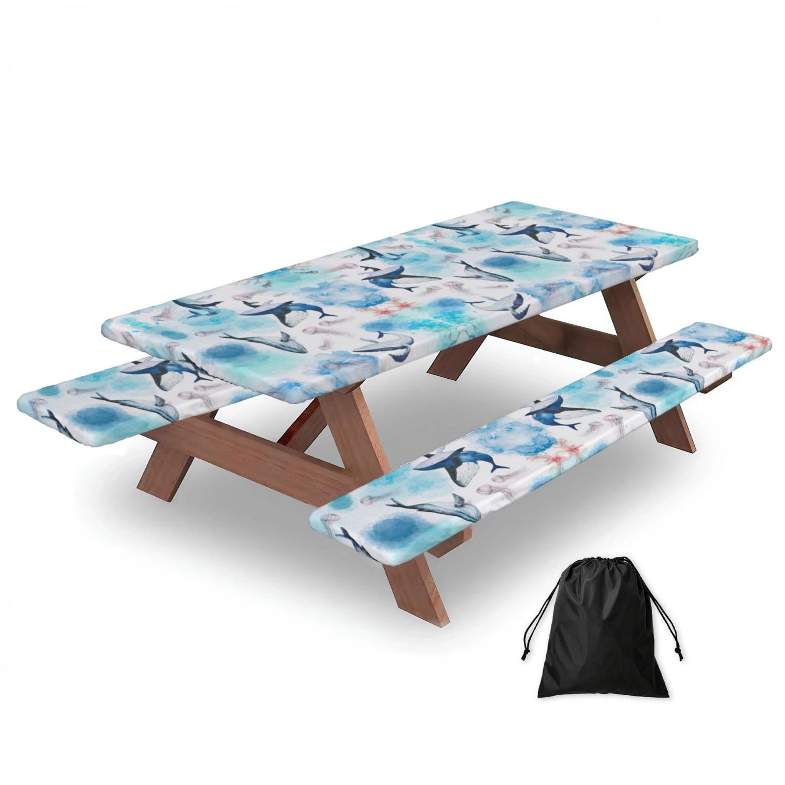 Zyjhyy Black Sea Whale And Jellyfish Print Party Table Covers With Bench Covers Set Of 3 Picnic Table Cloth Wipe Clean For Garden Camping