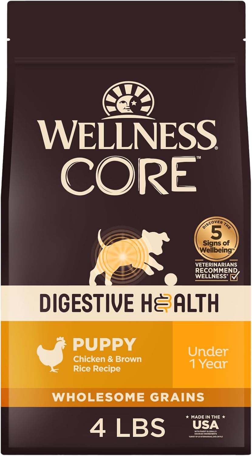 Wellness CORE Digestive Health Puppy Dry Dog Food, Wholesome Grain Kibble, Sensitive Stomach, Natural, High Protein, Chicken and Brown Rice Recipe, 4 lb Bag