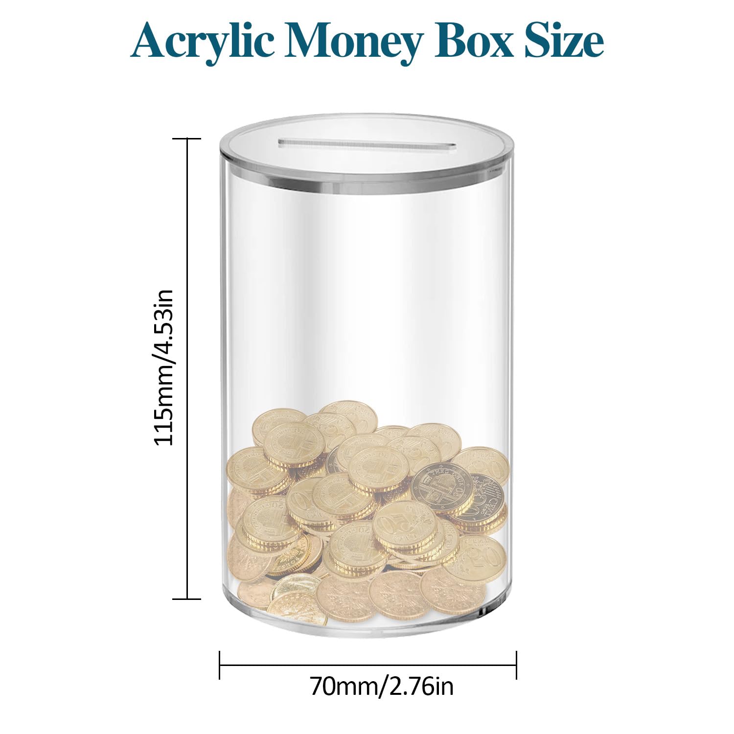 Money Box Acrylic Money Tin Transparent Money Savings Box with Lid Cylinder Clear Money Box Piggy Bank for Adults or Kids Money Saving Tin (Transparent lid) - Image 2
