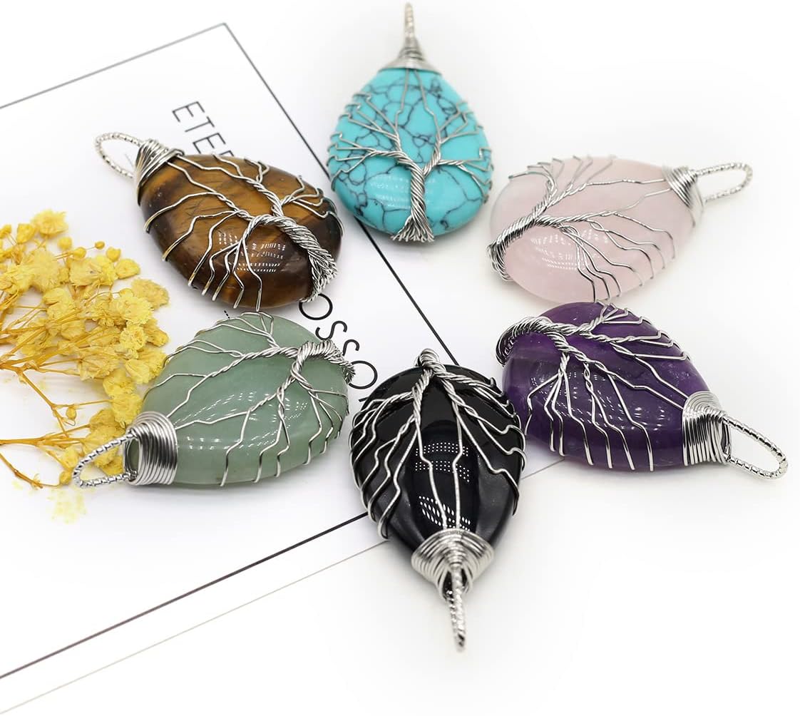 LHJ 4 Pcs Natural Stone Pendants Water Drop Shape Chakra Crystal Agate Stone Wire Knitting Life Tree Design for Jewelry Making Necklace Decoration Meditation - Image 3