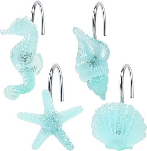 Ganchos para cortina de ducha de playa, brillan en la oscuridad, estrella de mar azul única, conchas y caballitos de mar, ganchos de acero