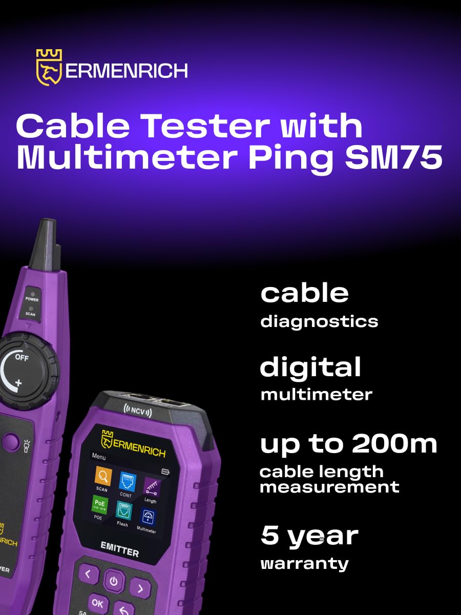 Ping SM75 Tester Cavi di Rete con Test PoE NCV Lunghezza CAT5/6 | Tester Multifunzionale Ricaricabile con Multimetro Voltmetro Ohmmetro Amperometro Porto RJ45 STP/UTP e Doppini Intrecciati