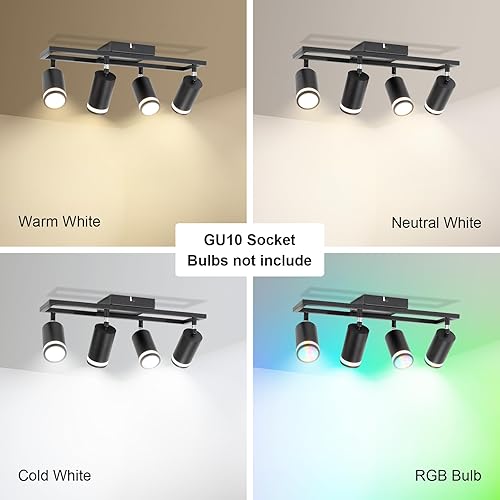 Miniatura 8 de Lámpara de techo LED de 4 luces, GU10 negro, kit de luz de riel moderno para cocina, pasillo, dormitorio, sala de estar