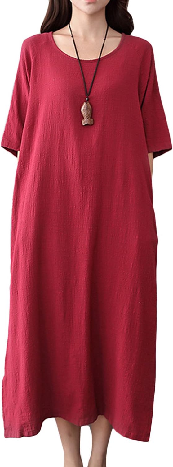 ASHER FASHION Women's Dresses Loose Short Sleeve Casual Maxi Dresses-Summer Beach Linen Dresses