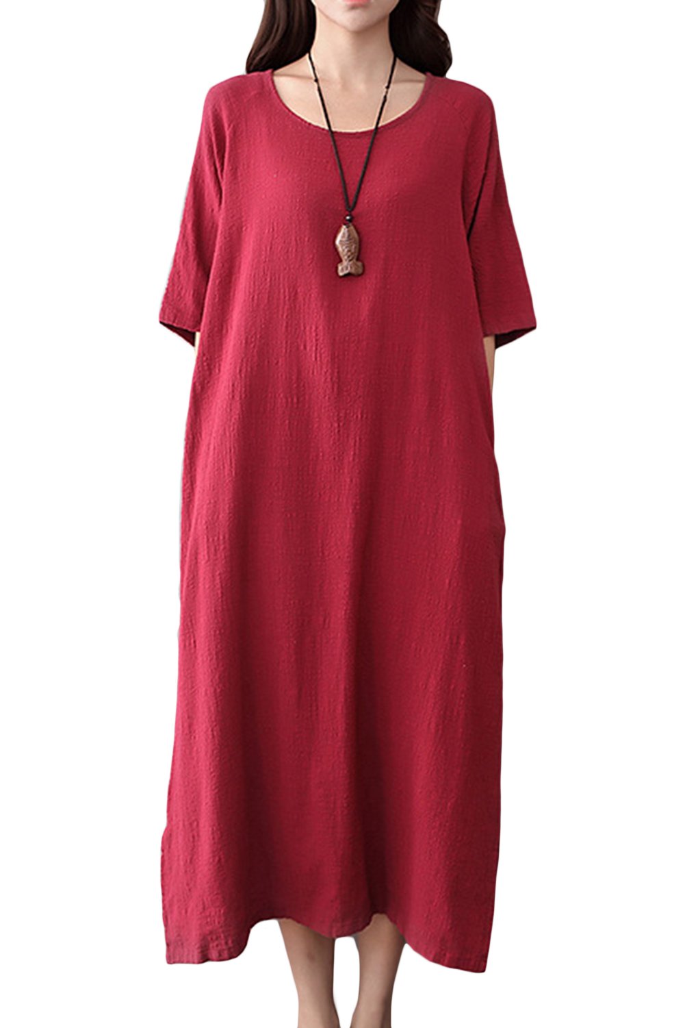 ASHER FASHION Women's Dresses Loose Short Sleeve Casual Maxi Dresses-Summer Beach Linen Dresses