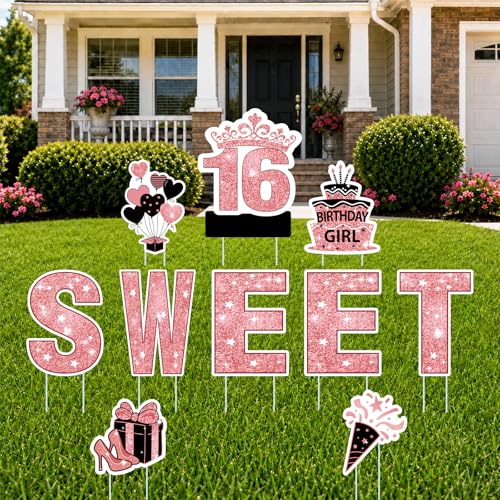 VOCHIC 16th Birthday Yard Signs with Stakes 10 Pcs Happy Birthday Decorations for Girls Personalized Name Sweet 16 Garden Lawn Signs Outdoor Party Decor Supplies Photo Props 16th Pink