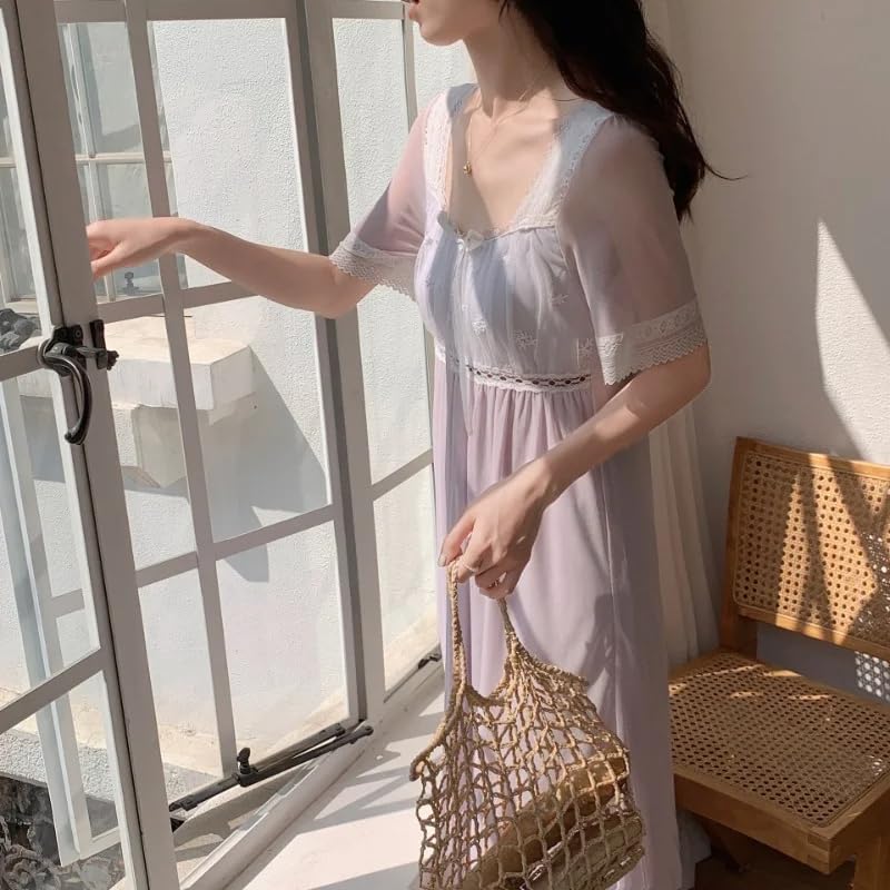 OFFSUM Camisón De Pijama De Mujer - Verano Malla Encaje Bordado Cuello Cuadrado Ropa De Dormir Dulce Tamaño Grande Temperamento Camisón Princesa Ropa De Casa Vestido