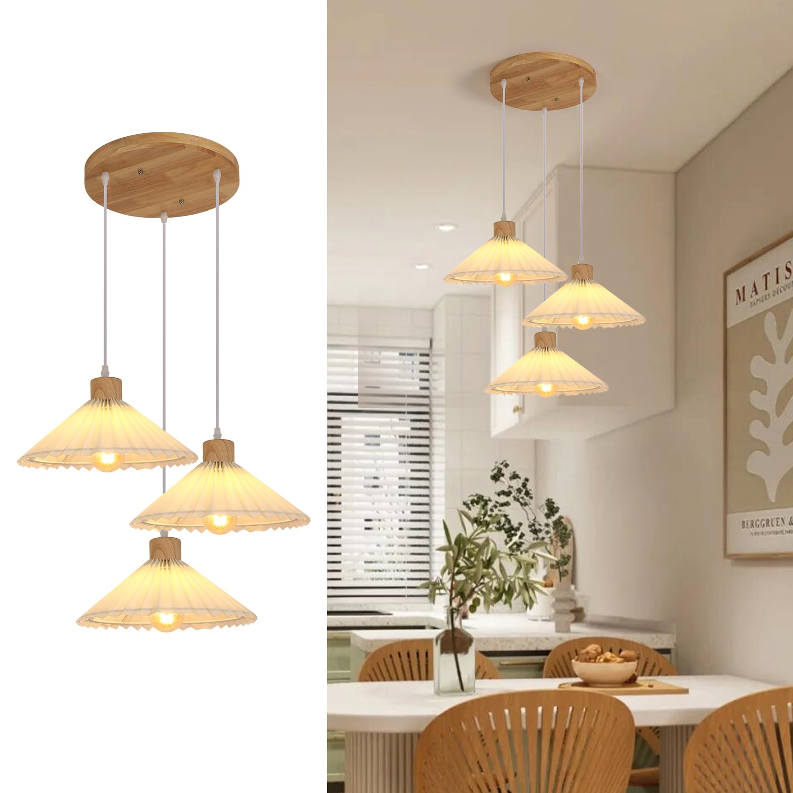 Goeco Lampada a Sospensione 3 Luci, Vintage Lampadario in Legno, Lampada a Sospensione con Paralume in Tessuto per Cucina, Soggiorno e Tavolo da Pranzo