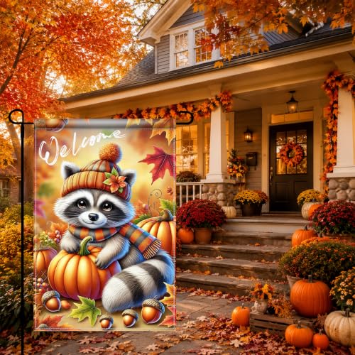 Image of BlissYard Fall Garden Flag 12x18 Inch Cute Raccoon Pumpkin Welcome Decor | Double sided polyester, fall raccoon pumpkin design, cozy woodland decor for Thanksgiving porch and yard
