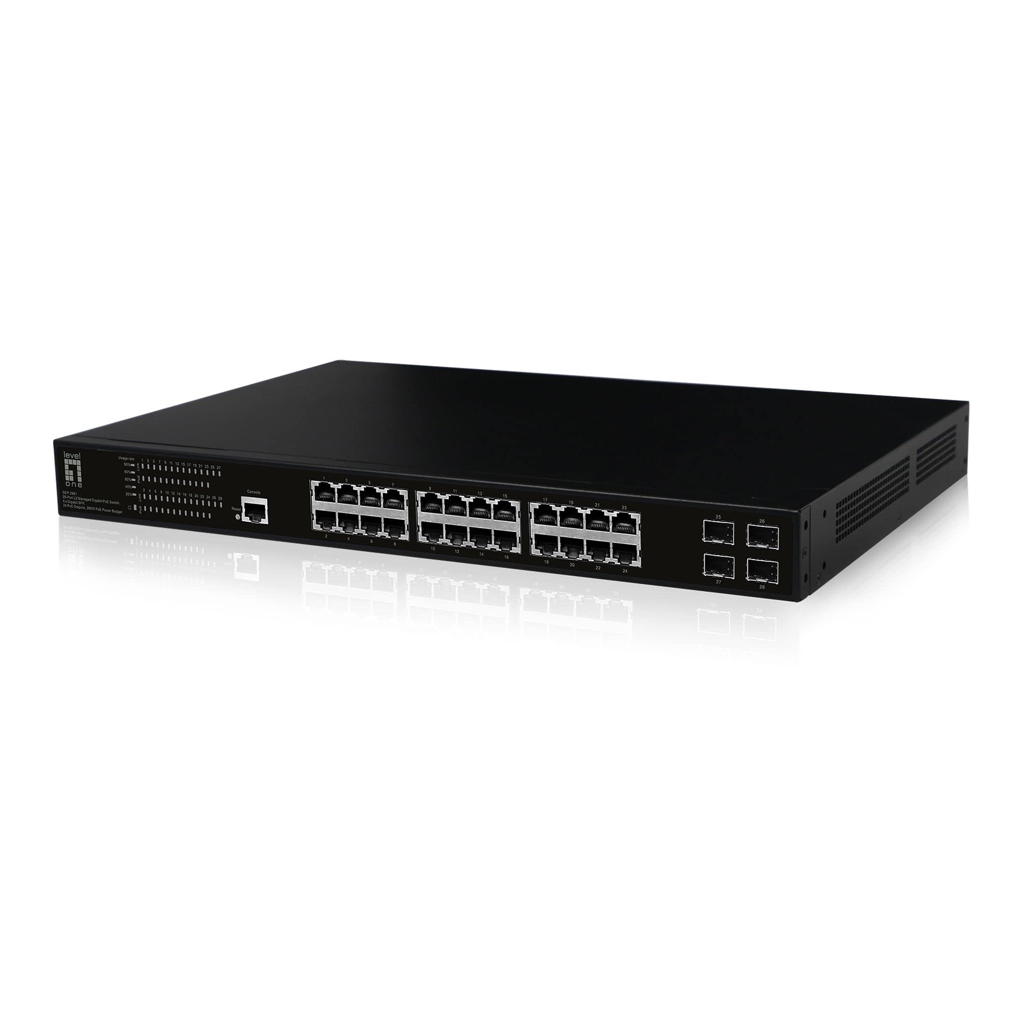 LevelOne GEP-2861 GEP-2861 L2-Managed Gigabit PoE-Switch mit 28 Ports, 4 x Gigabit-SFP, 24 PoE-Ausgänge, 390 W PoE-Leistungsbudget