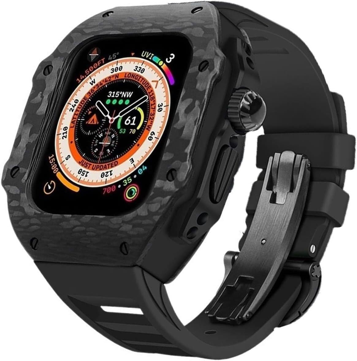 INFRI Carbon Fiber Watch Case Rubber Band，For Apple Watch Ultra 49mm 45mm 44mm，Men Rm Watch Case Sport Breathable Strap，For Iwatch Series 8/7/6/5/4/SE Replacement