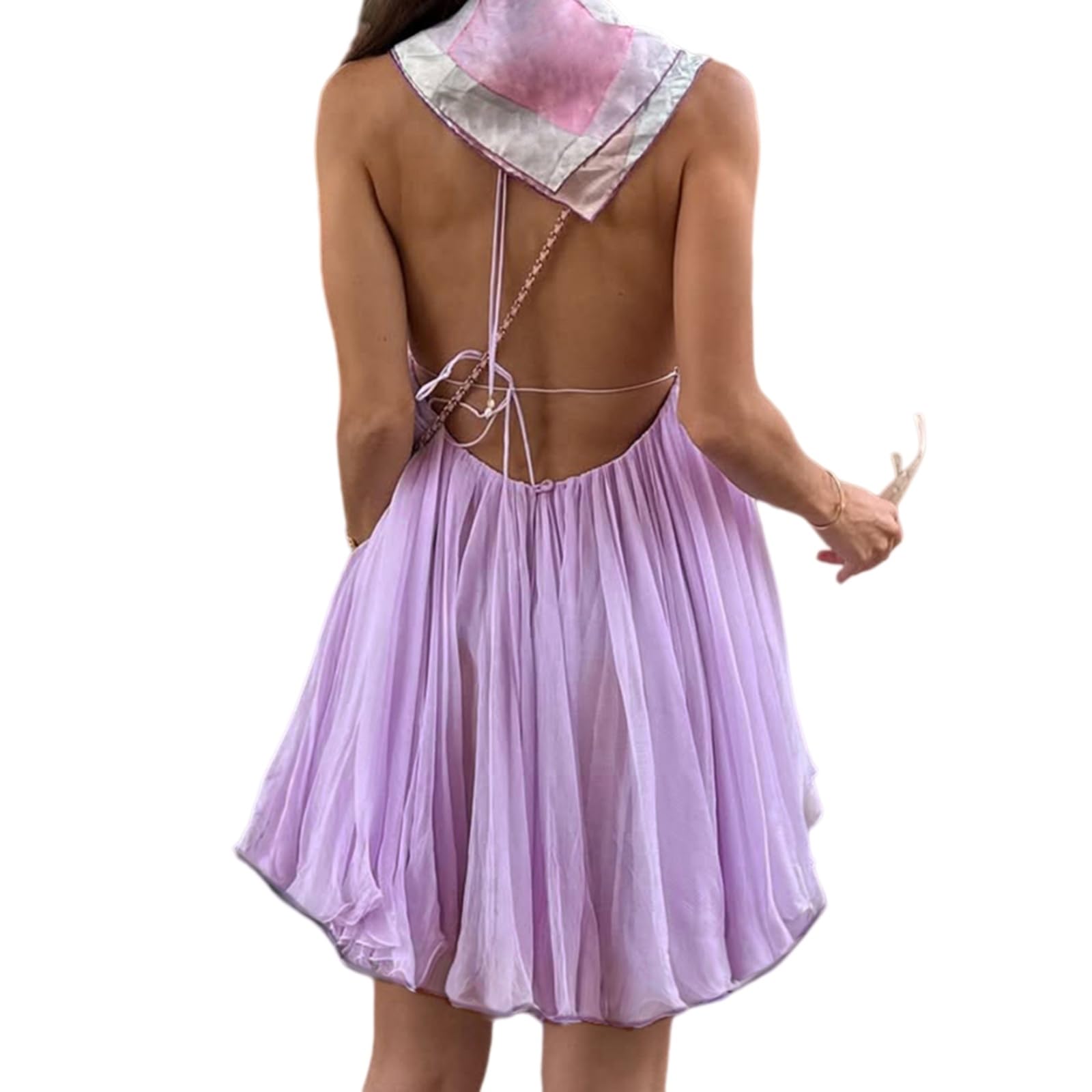 Vestito Donna Viola Chiffon Mini Abito Senza Maniche Profondo V Collo Una Linea Schienale Vacanze Estive da Festa-Purple-l