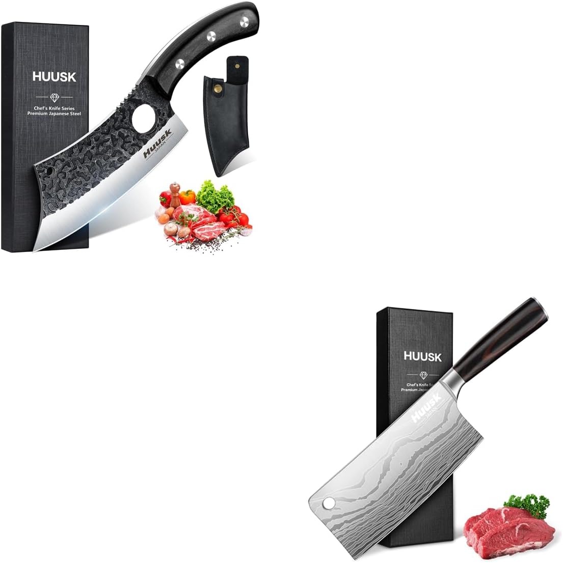 Huusk Meat Cleaver Knife 7 Inch Bundle With Hand Forged Meat Cleaver Knife with Sheath