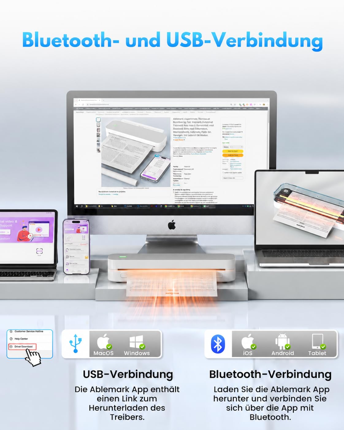 Bluetooth Thermodrucker A4, Tragbarer Mobiler Drucker A4 für Unterwegs, Inkless Printer Kompatibel mit Android & IOS und Laptop für Zuhause, Büro, Tattoo Stencil Druckerker