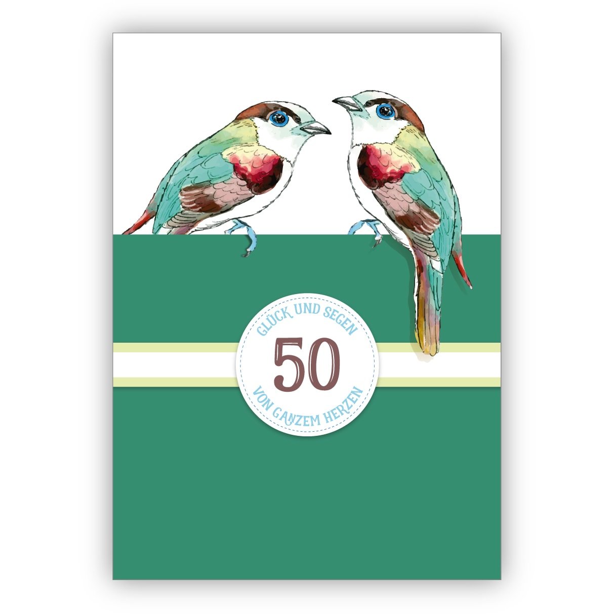 Kartenkaufrausch 16x Elegante Geburtstagskarte zum 50. Geburtstag oder zur Goldenen Hochzeit, 50 Jahre Ehe Jubiläum mit Vögeln in grün: 50 Glück und Segen von ganzem Herzen • schöne Glückwunschkarte