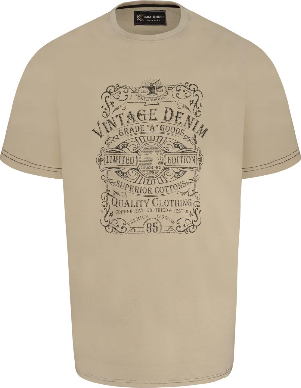 Kam Men's Beige Jeanswear Vintage Denim Graphic Print Ss T-Shirt - 7XL